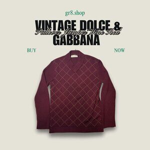 Vintage Dolce & Gabbana Argyle Knit Pullover Jumper Wine Red Wool Large